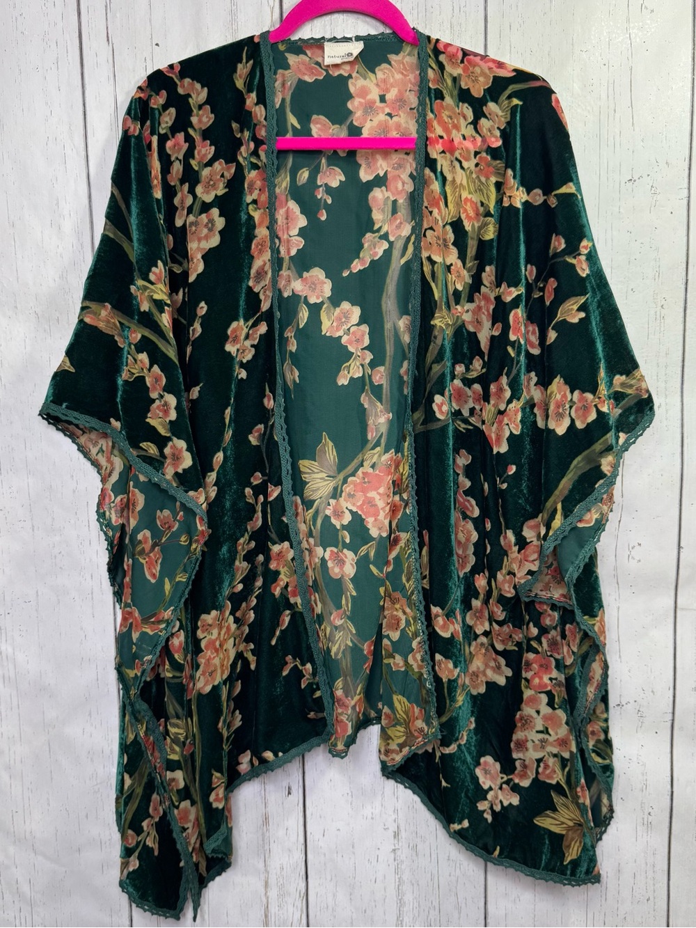 Natural Life Green Velvet Floral Kimono One Size Whimsigoth Boho Duster Layering